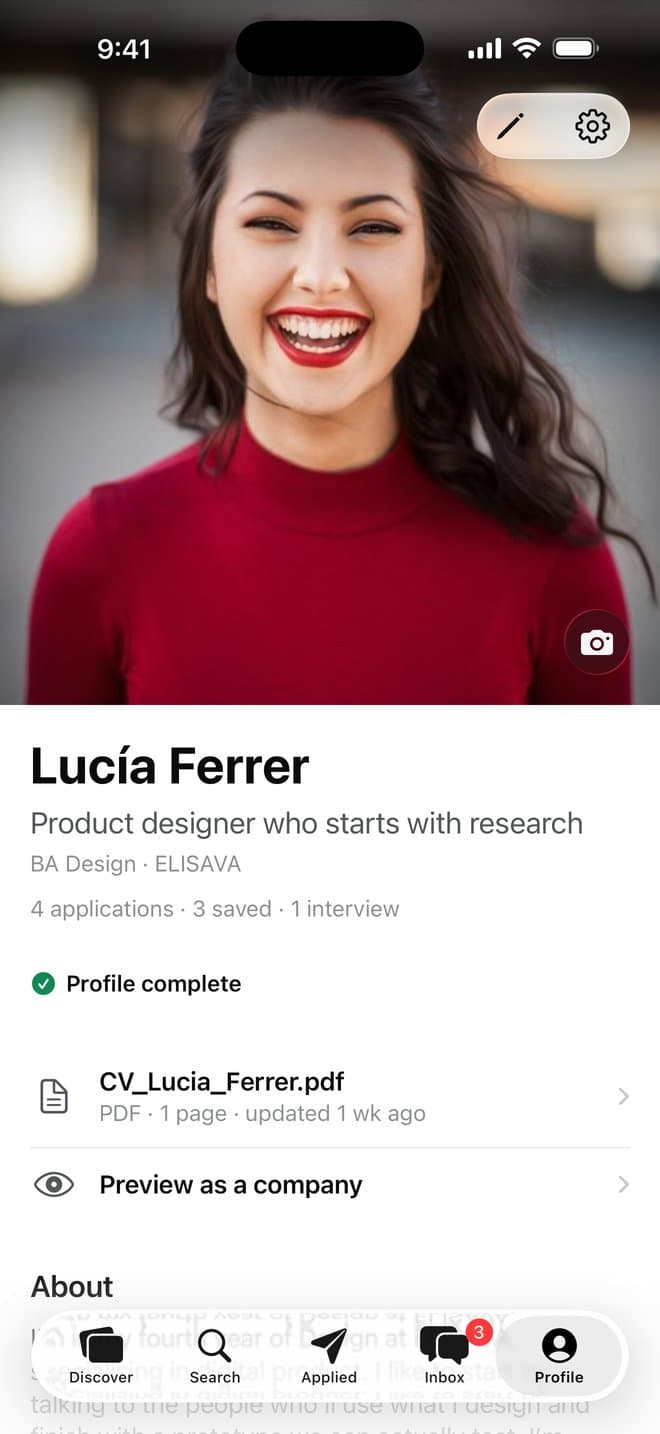 The profile and CV that travel with every swipe
